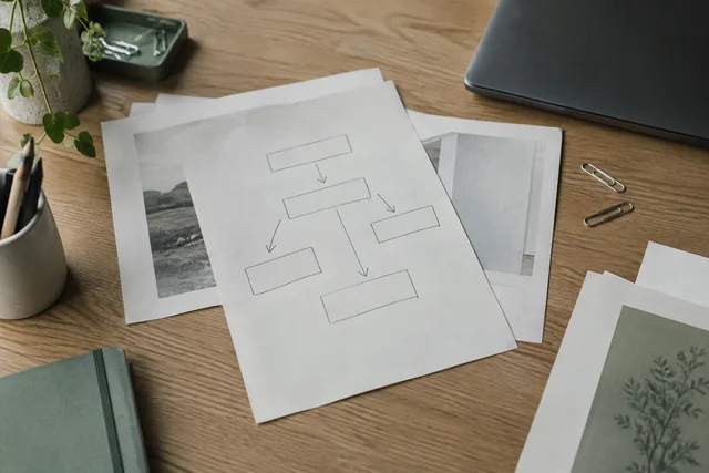 Symbolbild: Auf Papier skizzierter Arbeitsablauf neben einem Laptop.