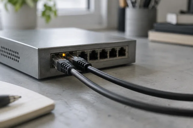 Symbolbild für Verbindungen: Netzwerkkabel an einem Switch.